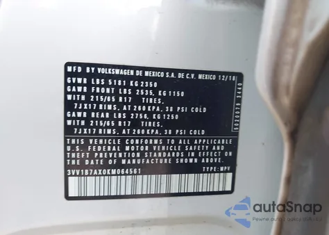 2019 Volkswagen Tiguan 2.0T S z USA, uszkodzony, nr VIN 3VV1B7AX0KM064561